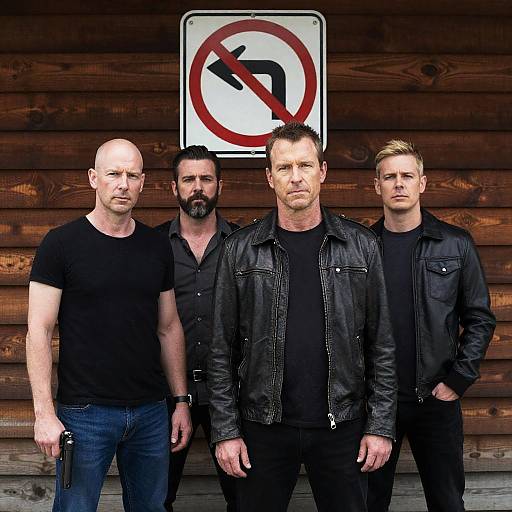 Serious Men Before a No Left Turn Sign