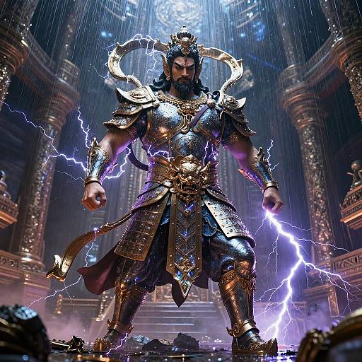 CGI image of a muscular, bearded god in golden armor with horned helmet, standing in electrified, rain-filled temple, glowing with lightning