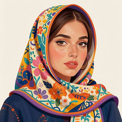 Digital illustration of a young woman with light brown skin, dark brown eyes, and brown hair, wearing a colorful floral hijab and dark blue top.