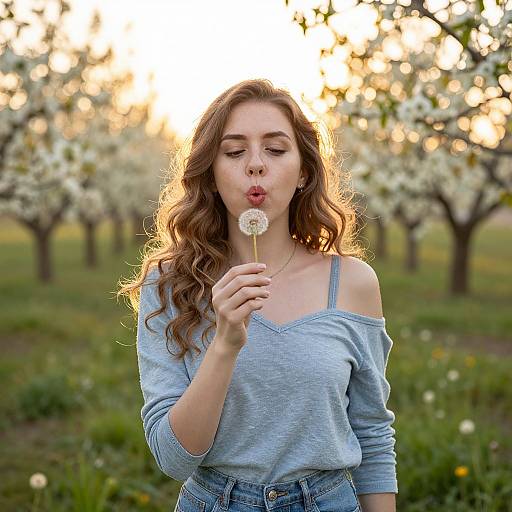 Young woman with wavy brown hair, wearing off-shoulder blue sweater and high-waisted jeans, blows dandelion in orchard at