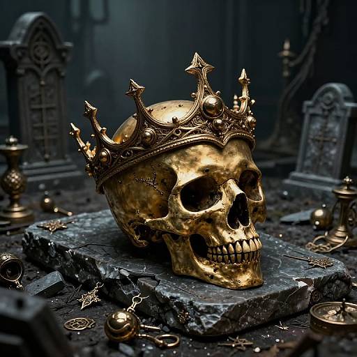 Photorealistic digital artwork of a golden skull crowned with an ornate, star-adorned tiara, surrounded by dark, gothic tombstones