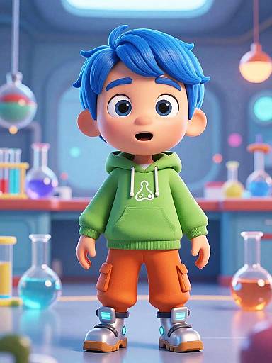 CGI cartoon of a blue-haired boy with big eyes, green hoodie, orange pants, and silver shoes, standing in a colorful, lit laboratory.