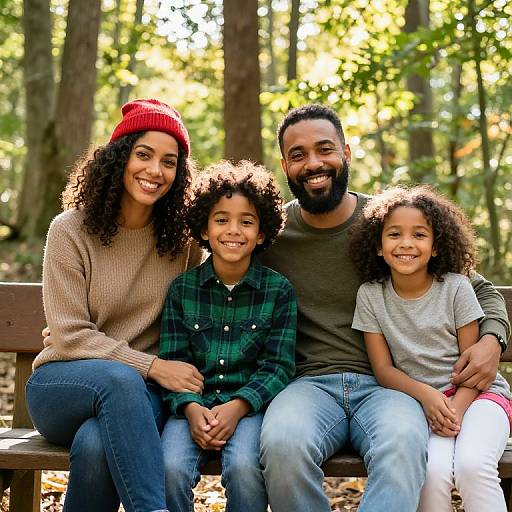 Photograph of a smiling biracial family with curly-haired children, sitting on a wooden bench in a sunlit forest. Mother wears beige sweater and red