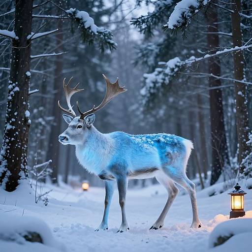 Photograph of a majestic white deer with large antlers standing in a snowy forest, illuminated by a glowing lantern.