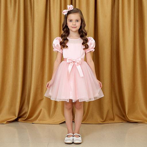 Young girl with long brown curls wearing a pink dress, white bow, and white shoes, stands in front of golden curtains. Photographic portrait.