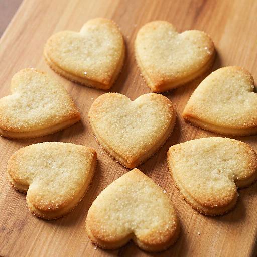 Photograph of nine golden-brown, sugar-coated heart-shaped cookies arranged in a loose grid on a wooden cutting board.