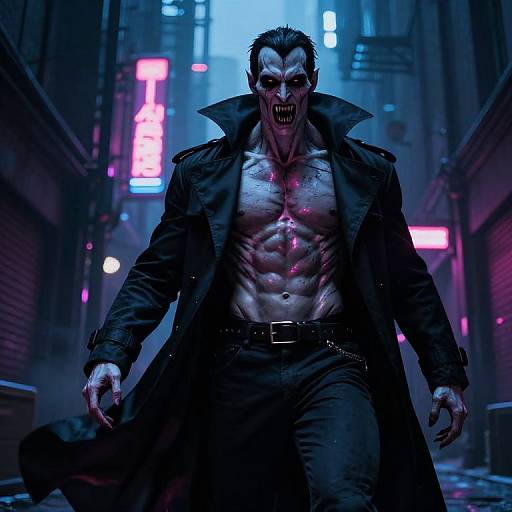 Digital artwork of a muscular, shirtless vampire with sharp fangs and glowing pink scar, wearing a long black coat, in a neon-lit,