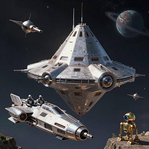 Futuristic Sci-Fi Spaceships and Droid in Space