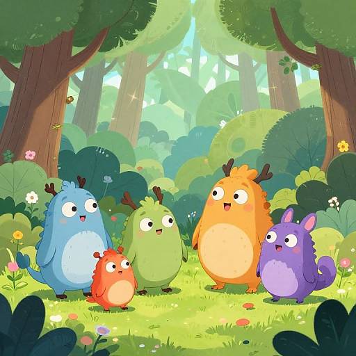 Cartoon forest scene with five fluffy, cute, round, bird-like creatures with small antlers, standing on grassy ground surrounded by lush trees and