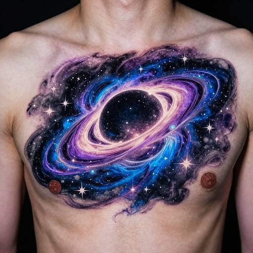 Photograph of a shirtless man with a vibrant, cosmic tattoo of a glowing ringed planet on his chest, surrounded by stars and blue nebula
