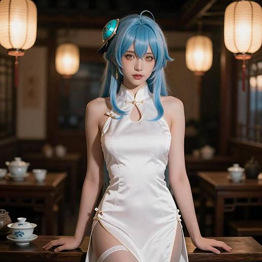 Aqua-Haired Beauty in Cheongsam at Night
