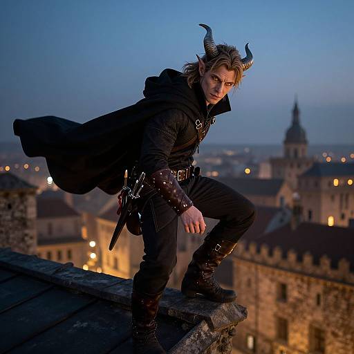 Photograph of a male demon with horns, black cloak, and leather boots, crouching on a rooftop at twilight, with a cityscape of