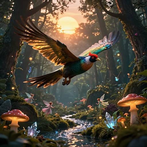 Digital fantasy artwork: Vibrant pheasant with outstretched wings flies over a magical forest stream, surrounded by glowing mushrooms, fairy lights, and