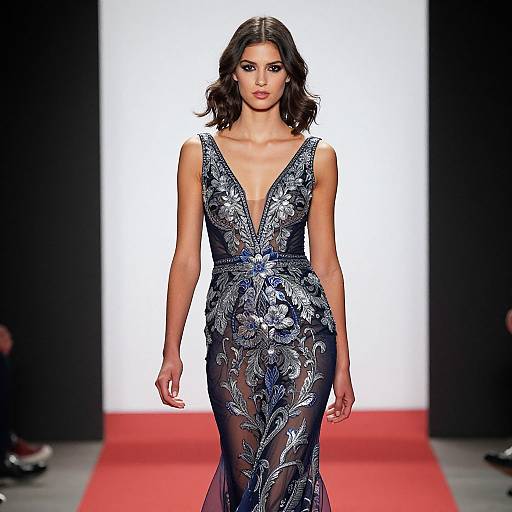 Photograph of a confident brunette woman in a deep V-neck, blue floral-embellished gown, walking a red-carpet fashion runway.
