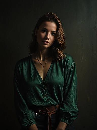 Woman in Deep Green Satin Blouse