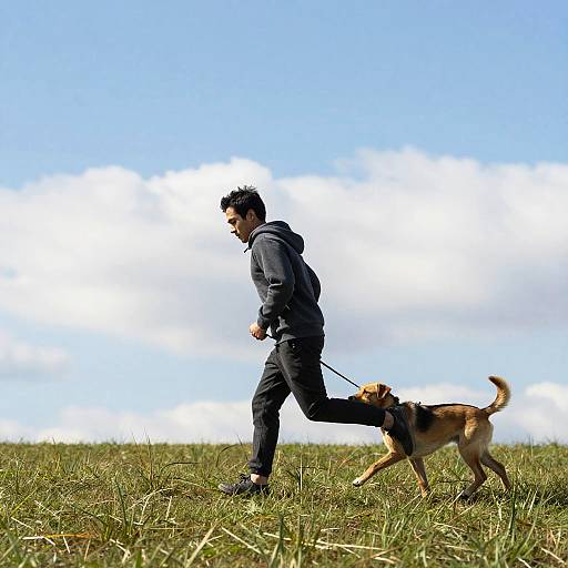 Boy Running Dog in Sunny Field