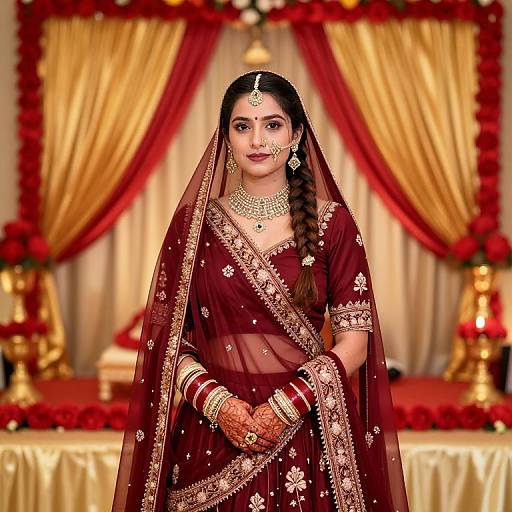 Photograph of a South Asian bride in a burgundy saree with gold embroidery, wearing traditional jewelry, standing in a red and gold decorated wedding setup