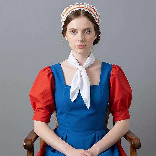 Photograph of a young Caucasian woman with fair skin, brown hair in a braid, wearing a blue dress with red sleeves, white neckerchief