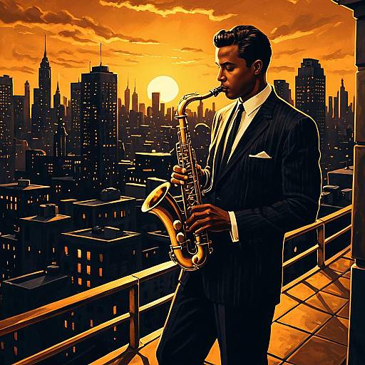 Vintage Jazz Musician Playing Saxophone at Sunset