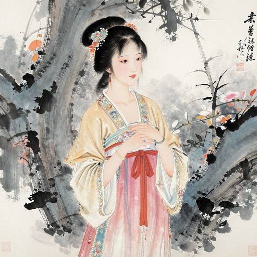 Digital illustration of a Japanese woman with black hair in a bun, wearing a traditional kimono with floral patterns, standing against a splattered black and white