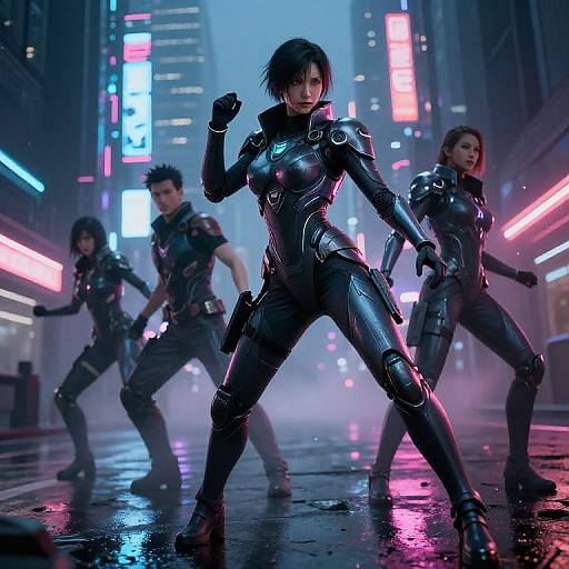 CGI sci-fi scene: Four muscular, black-clad, armored warriors in neon-lit, futuristic city street, standing in combat stances,