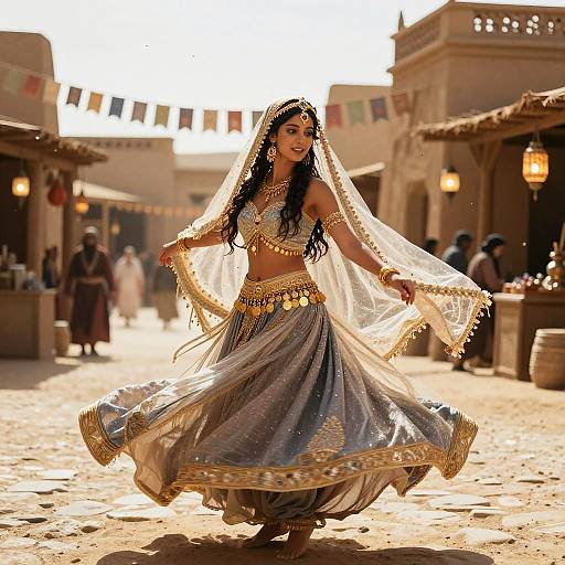 Photograph of a beautiful Middle Eastern dancer in an ornate silver and gold harem outfit, veil flowing, performing in a sunlit, bustling desert