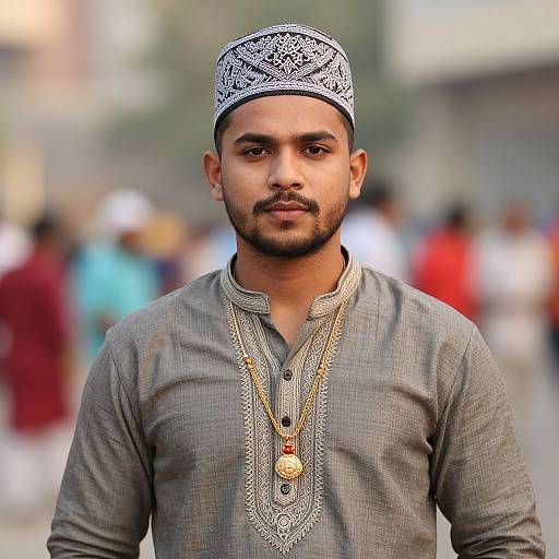 Photograph of a young South Asian man with a trimmed beard, wearing a grey embroidered kurtah and a black and white patterned cap, standing