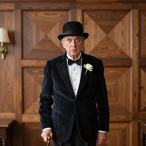 Surprised Elderly Man in Velvet Suit and Bowler Hat