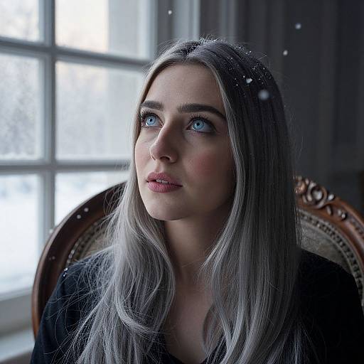 Photograph of a young woman with long silver hair, blue eyes, and fair skin, sitting in a dimly lit room with a window behind her