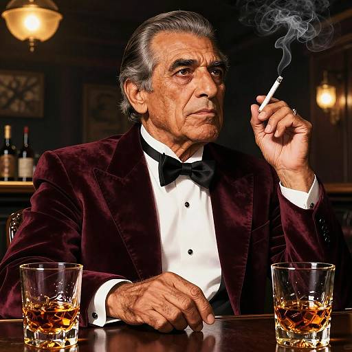 Photograph of an elderly man with gray hair, wearing a black bow tie and velvet suit, smoking a cigarette, with two glasses of whiskey in front