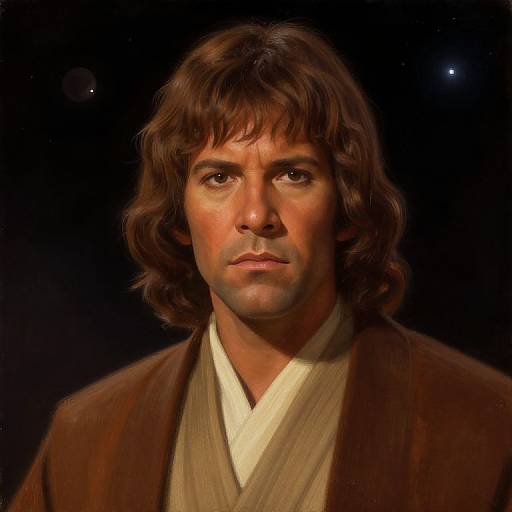 Digital painting of a young man with shoulder-length brown hair, wearing a brown robe and white tunic, set against a dark background. His expression is