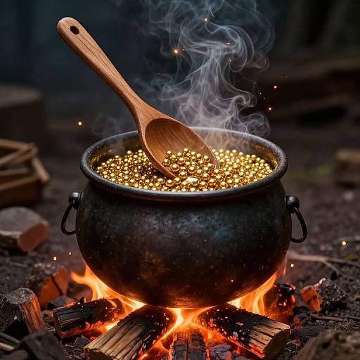 Photograph of a black cauldron filled with glowing yellow pearls, steaming above an orange wood fire, wooden spoon inside.