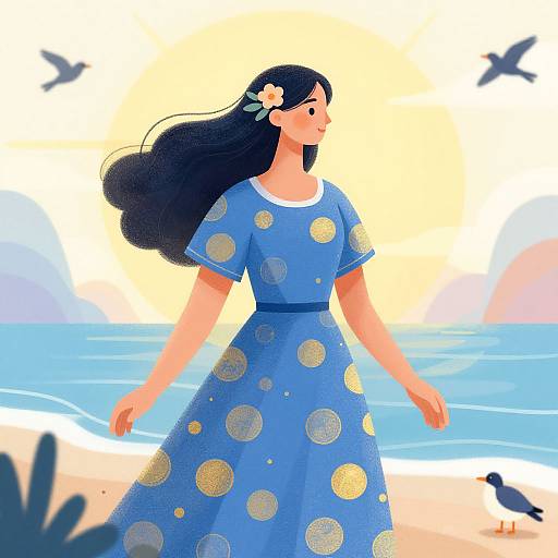 Digital illustration of a smiling woman with long black hair, wearing a blue dress with gold polka dots, standing on a beach at sunset, birds flying