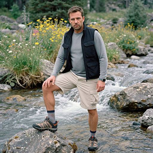 Photograph of a bearded man with short brown hair, wearing a gray long-sleeve shirt, black vest, beige shorts, and hiking shoes
