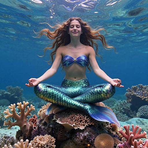 Photograph of a serene mermaid with long brown hair, blue-green scales, and a strapless top, meditating underwater amidst colorful coral reefs.