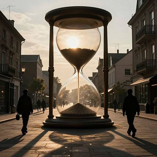 Photograph of a large, glass hourglass sculpture in a sunlit urban street, silhouetting two walking figures against the glowing sunset.