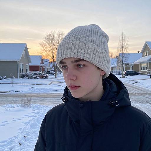 Photograph of a young, fair-skinned man with short brown hair, wearing a white knit beanie and black jacket, standing in a snowy suburban
