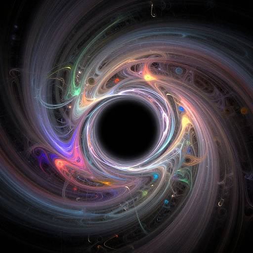 Digital art of a colorful, swirling black hole with vibrant, neon-like energy tendrils, surrounded by dark space with faint stars.