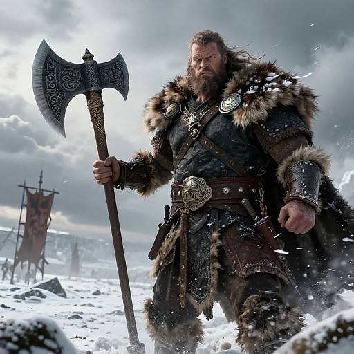 Photorealistic digital artwork of a muscular, bearded Viking warrior with fur-lined armor, holding an ornate battle axe, standing in a snowy,