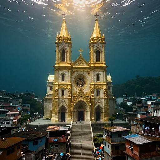 Photograph of a golden illuminated baroque-style church at night, with symmetrical twin towers, central rose window, and stairs leading up from surrounding colorful
