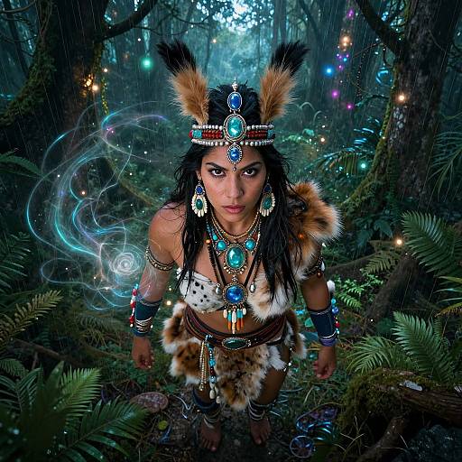 Enigmatic Shaman Warrior in Luminescent Rainforest