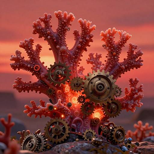 Photograph of a vibrant red, coral-like mechanical structure with interlocking gears against a dramatic, pink-orange sunset sky.