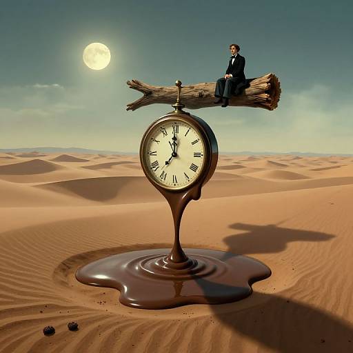 Surreal digital art: man in suit sits on wooden plank atop melting clock in desert, sun shining, chocolate puddle below.