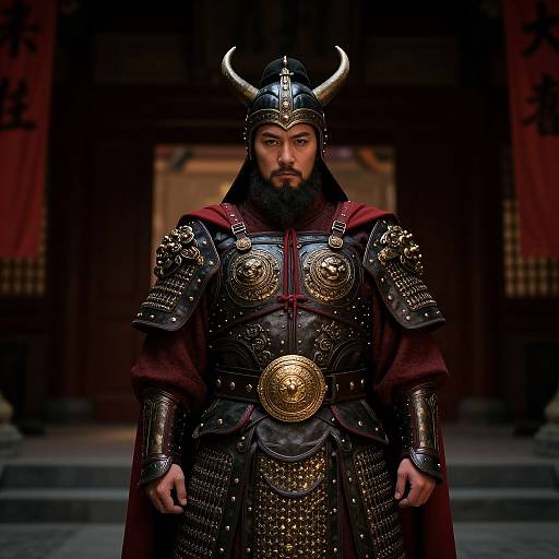 Photograph of a bearded warrior in detailed medieval Japanese samurai armor with horned helmet, red cloak, and intricate gold accents, standing in a