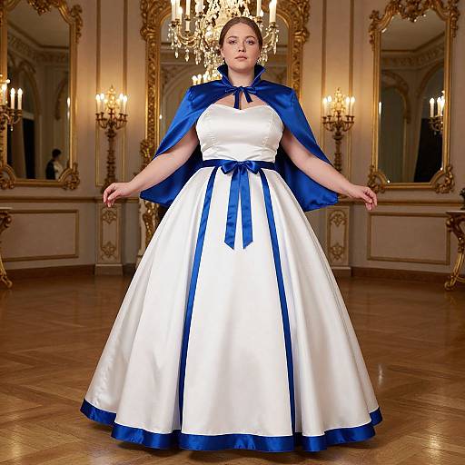 Photograph of a fair-skinned woman in a white satin ball gown with blue trim and matching blue cape, standing in an opulent, gold-ac