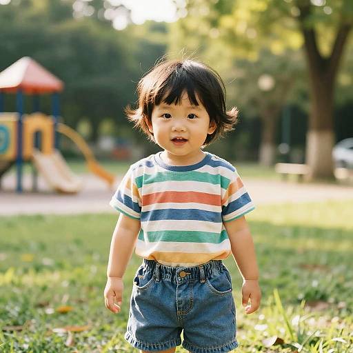 Photograph of an Asian toddler with black hair, wearing a striped shirt and denim shorts, standing on a sunlit grassy playground. Play equipment blurred