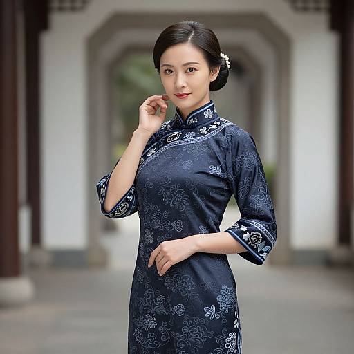 Photograph of an Asian woman with dark hair in an elegant, navy blue floral-patterned cheongsam, standing gracefully in a traditional courtyard.