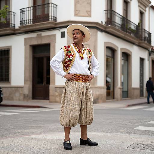 Photograph of a young Latino man in traditional Andalusian attire, white shirt, gold vest, checkered pants, straw hat, black shoes,