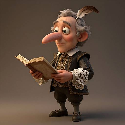 Digital 3D cartoon of a whimsical old man with a large nose, gray curly hair, feather in hair, reading a book in 17