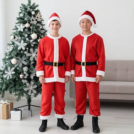 Photograph of two smiling men in red Santa suits with black belts and boots, standing in front of a decorated Christmas tree and gray sofa.